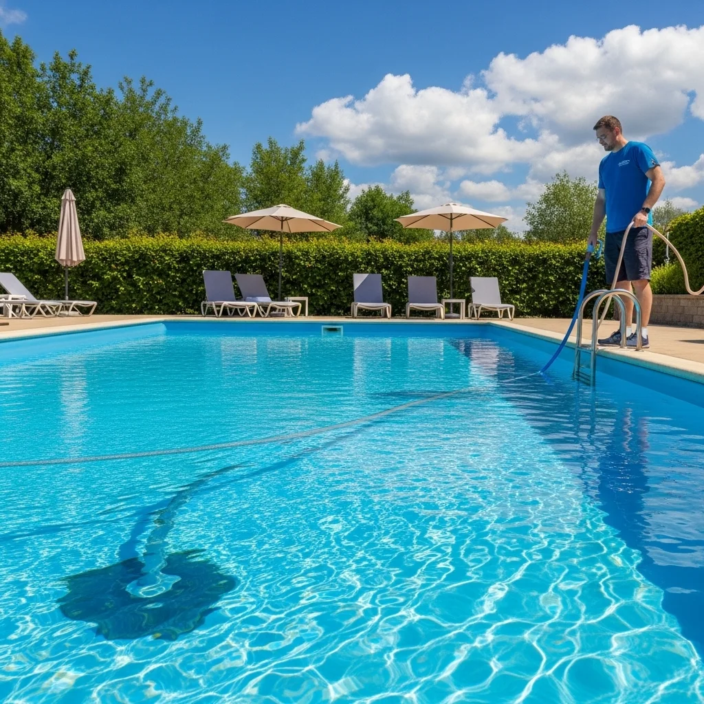 A person provides pool vacuum cleaning service