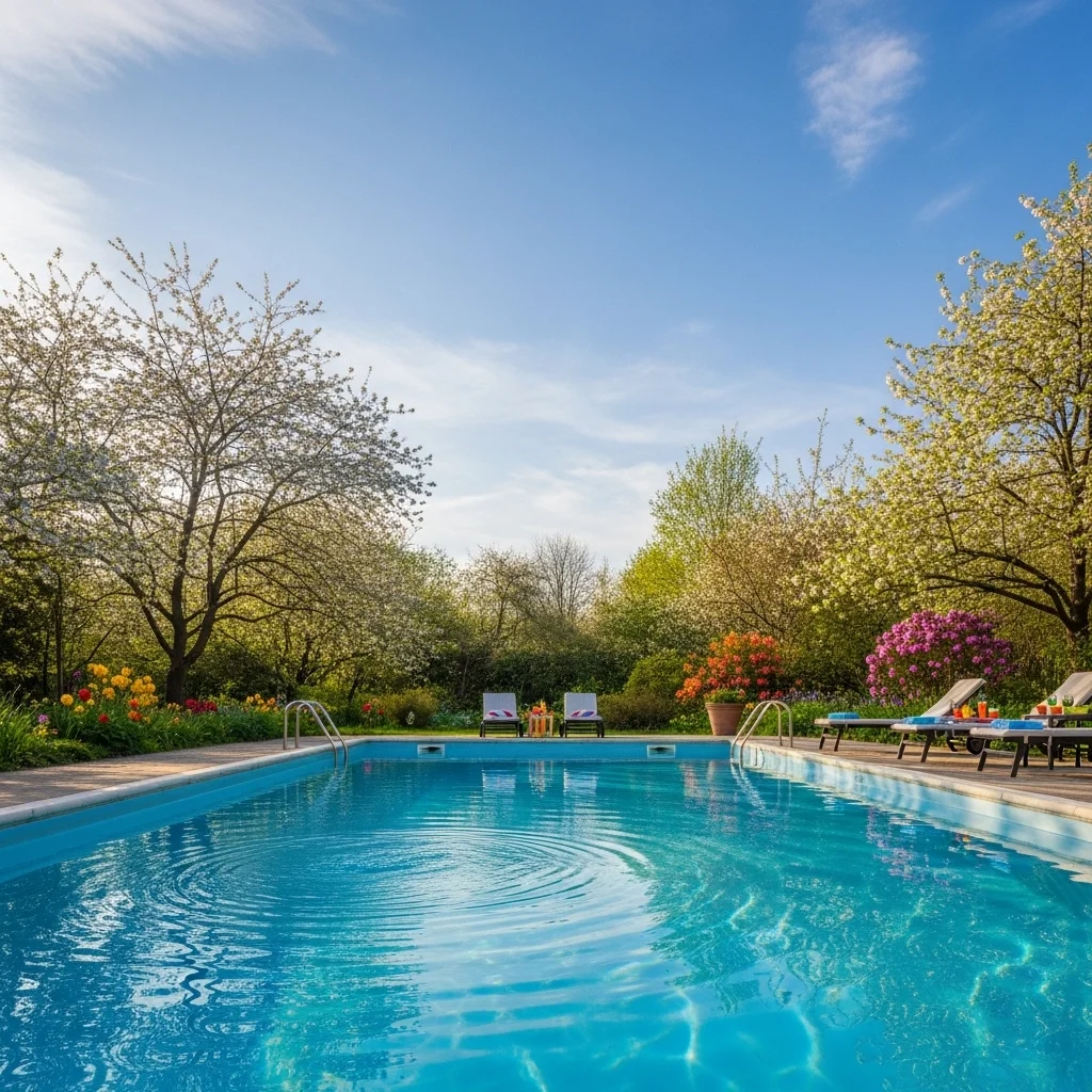 Clean backyard pool in spring with clear water after professional pool cleaning service