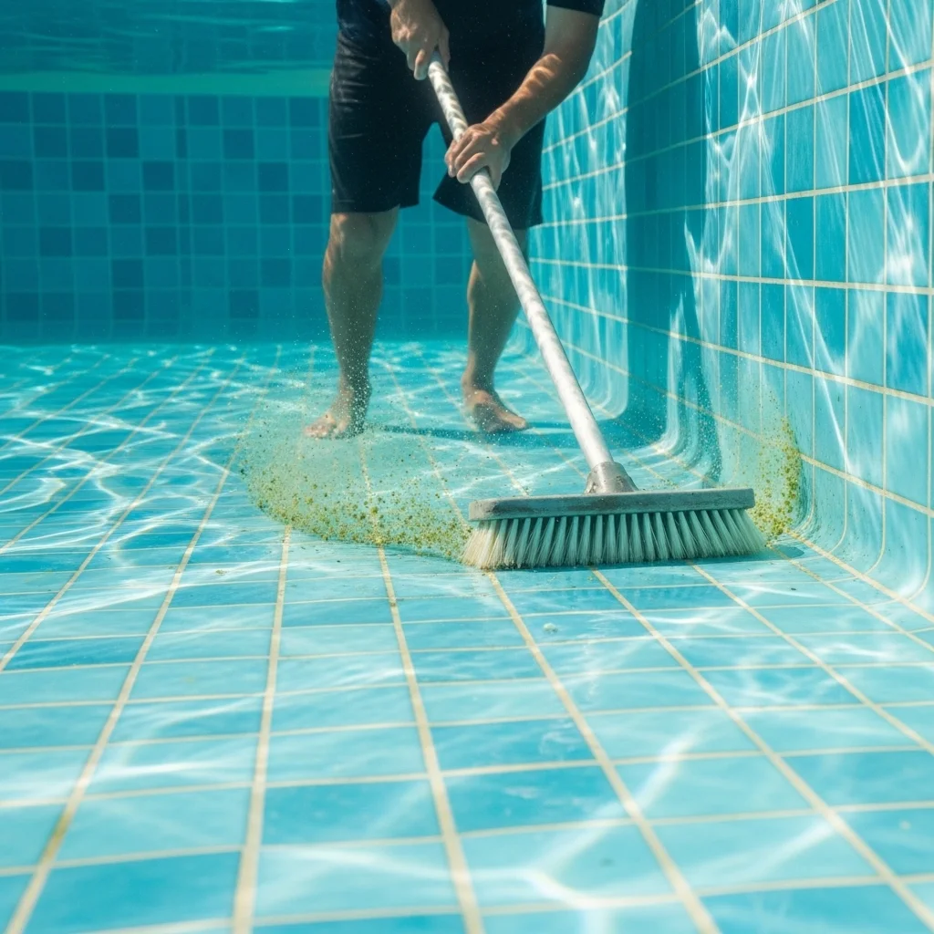 Underwater pool brushing removing algae from pool walls and floor