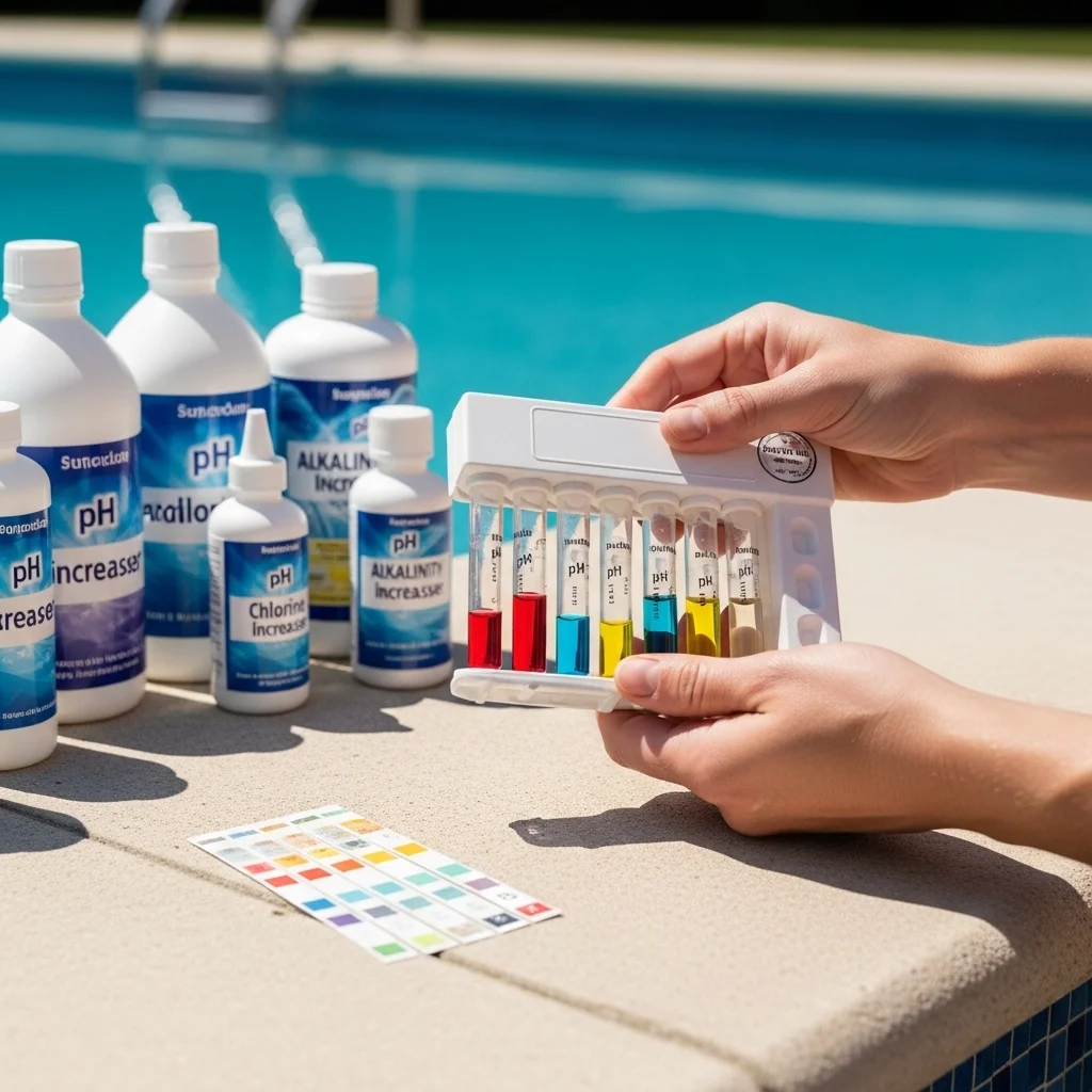 Pool water testing kit checking pH and chlorine levels for balanced pool maintenance