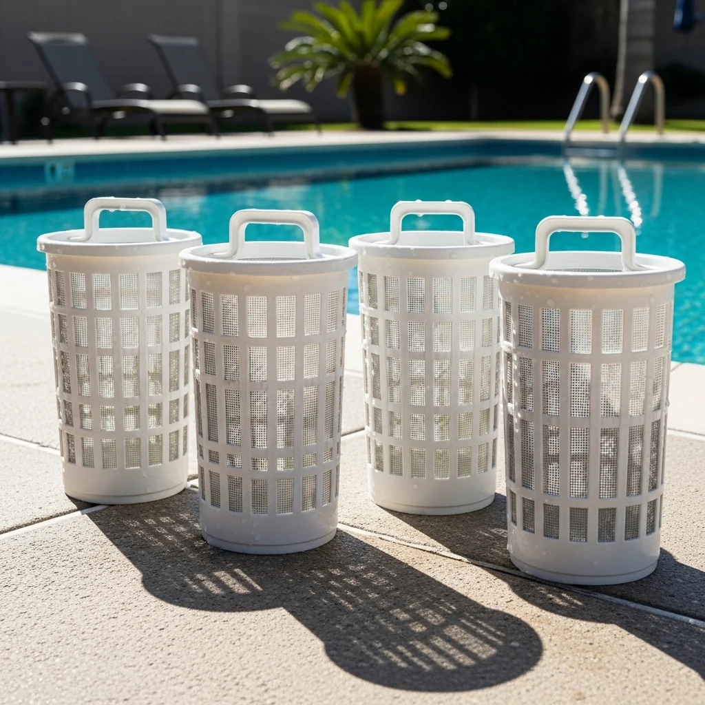 Pool pump filter baskets cleaned and ready for efficient pool circulation system