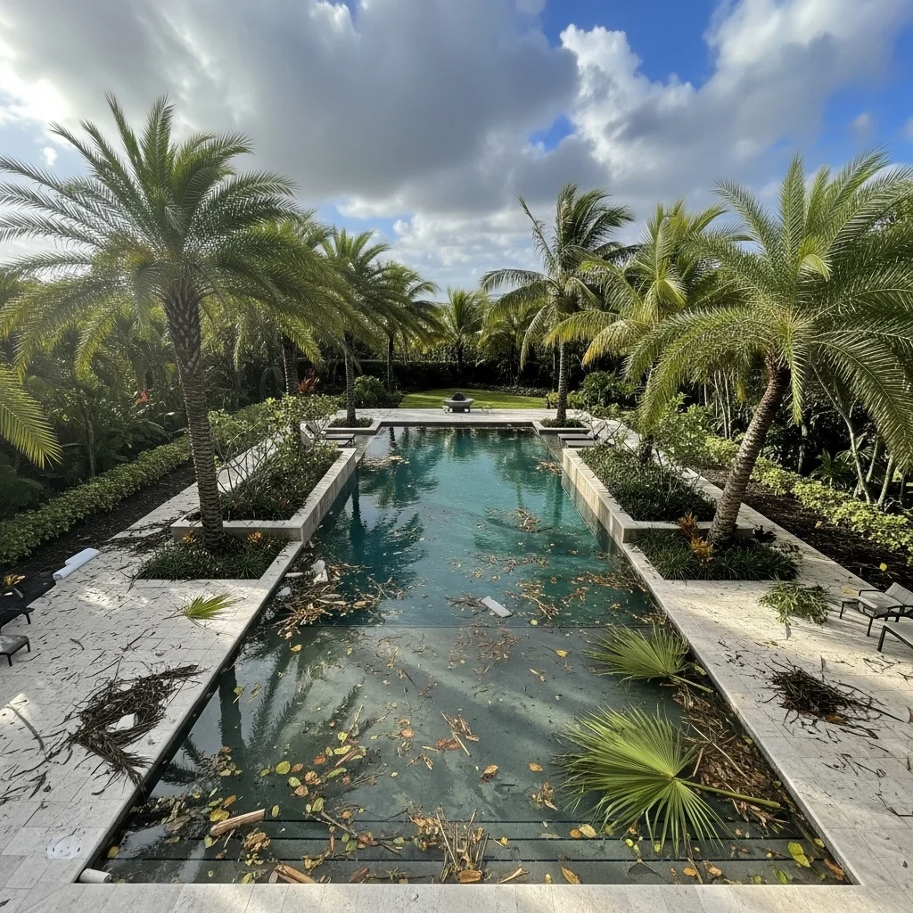 Dirty swimming pool after storm with debris and leaves requiring professional pool cleanup service