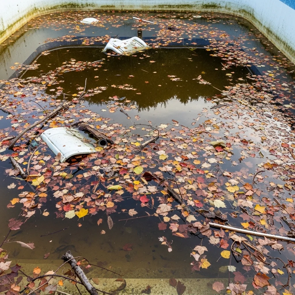 irty pool full of leaves and debris in Houston requiring cleaning service