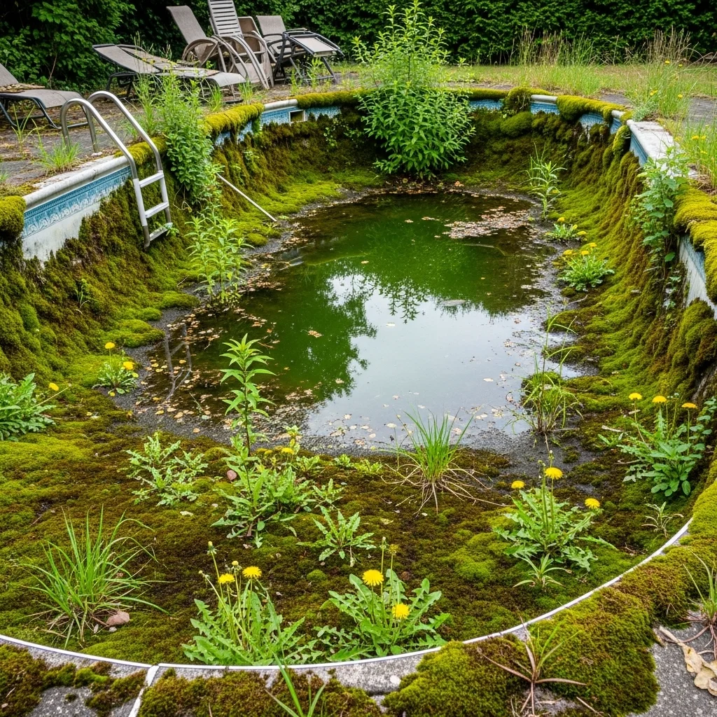 pool in Houston with moss and weeds growing inside