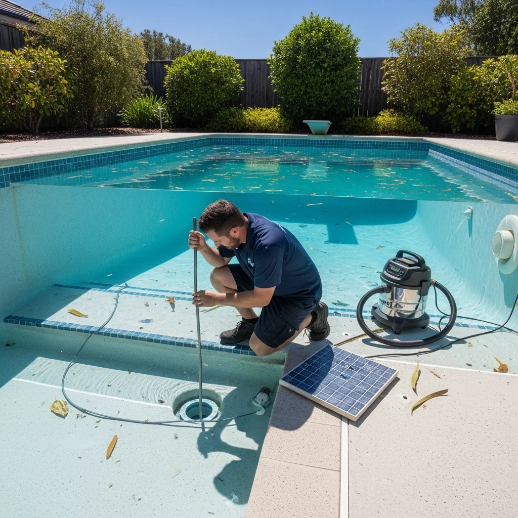 technician cleaning pool drain in Houston