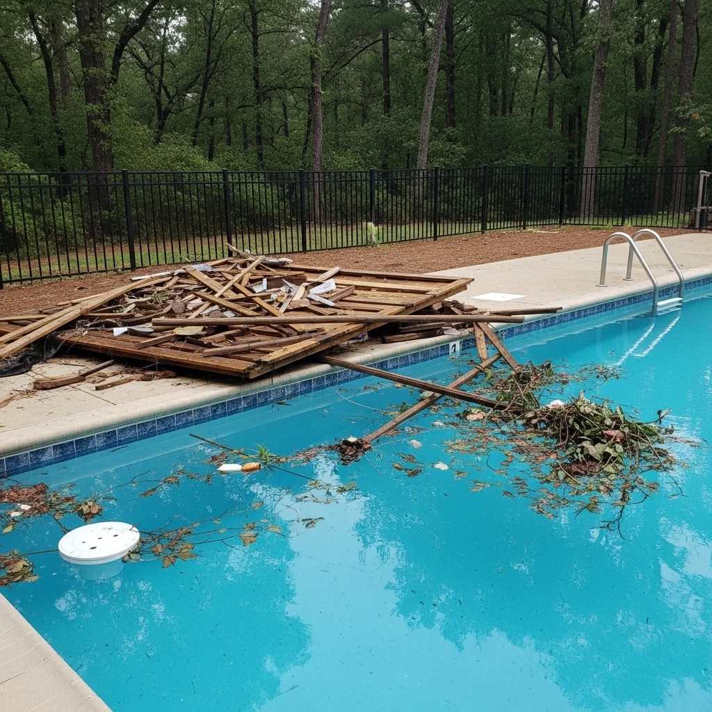 pool filled with storm debris in Houston after heavy weather
