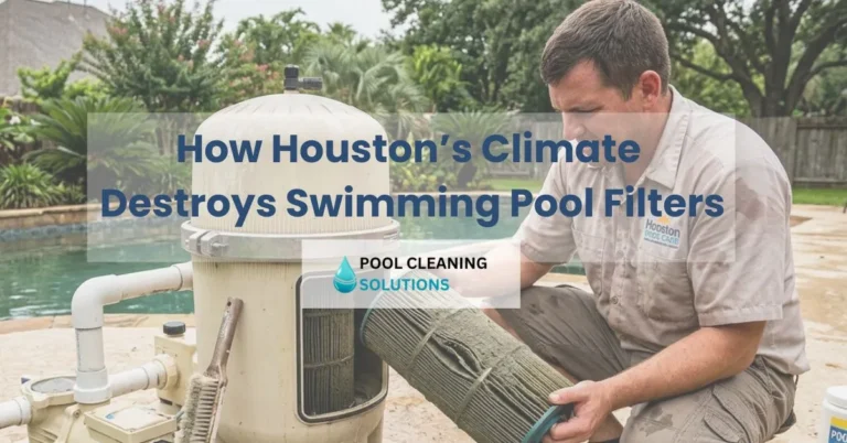 feature image of blog with title "Houston's climate destroying the pool filters" with a man checking filter in background