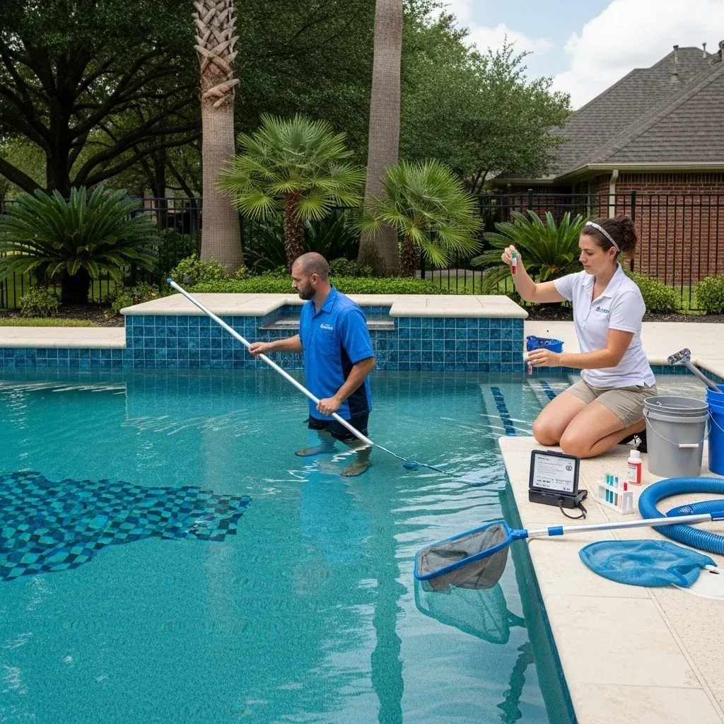 professional pool cleaner with blue shirt in the pool